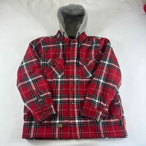 Brazos Work Force Men's XL Red Plaid Flannel Lined Hooded Shirt Jacket